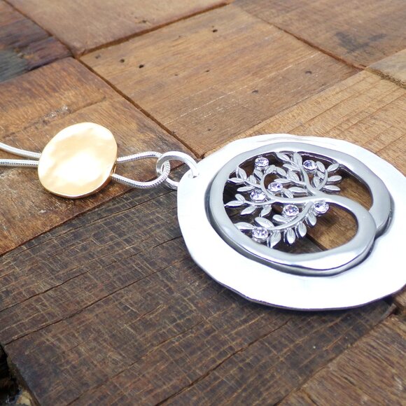 Tree of life large round pendant necklace with carved tree leaves center 2.65" - Picture 9 of 13